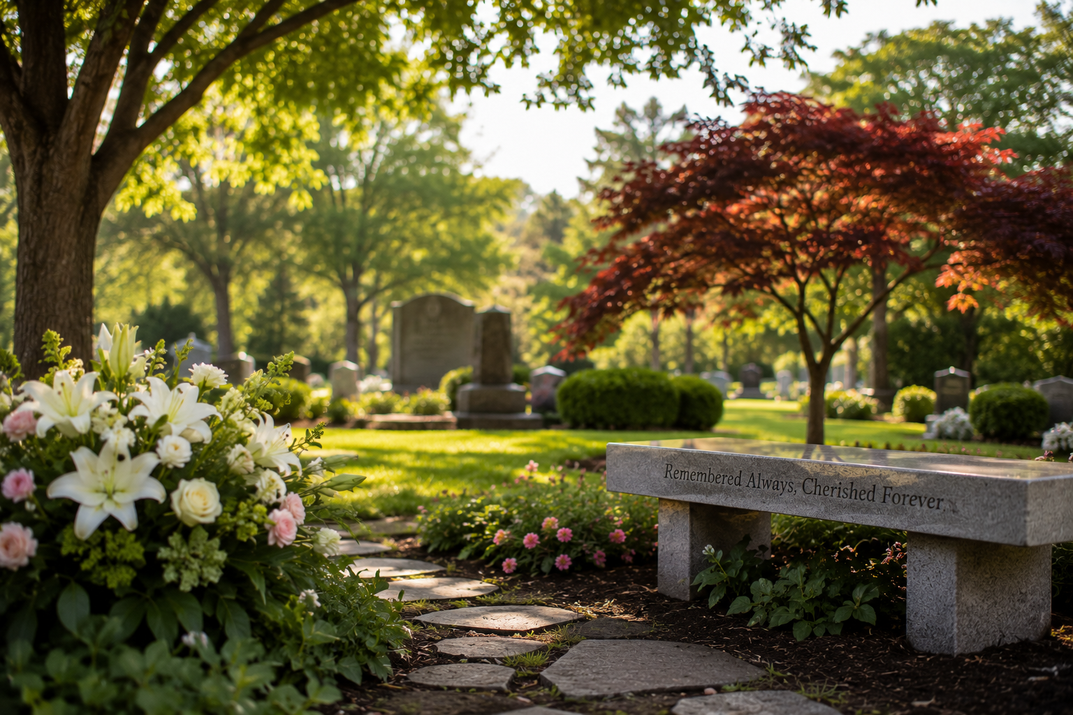 Peaceful cemetery garden with memorial bench for compassionate funeral homes in Allentown, PA.
