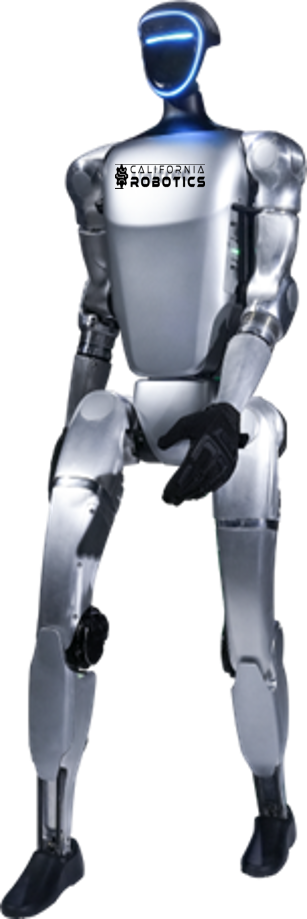 A robot is sitting down on a white background.