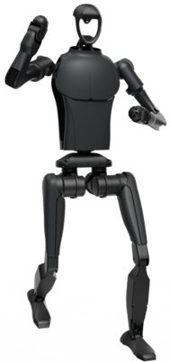 A black robot with arms and legs is standing on a white background.