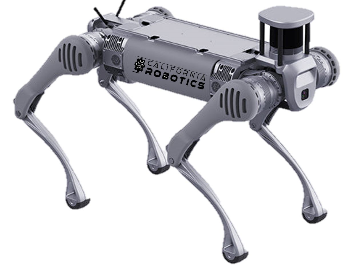 A robotic dog is sitting on a white surface.