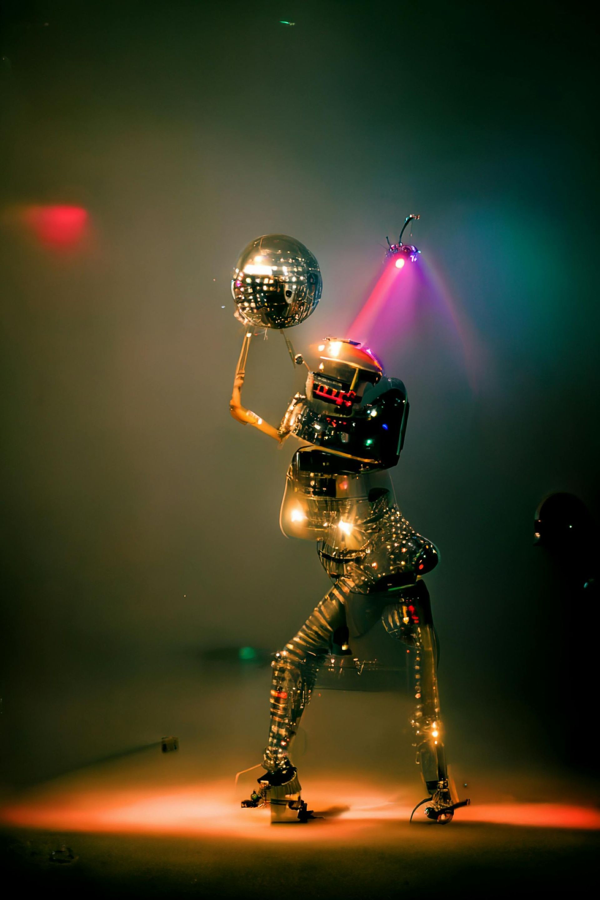 A robot is holding a disco ball in a dark room.