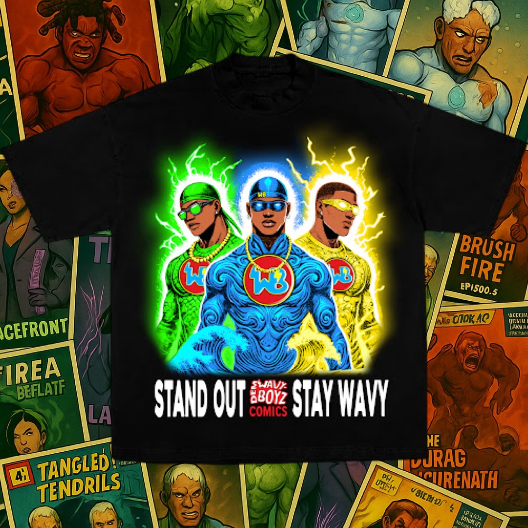 DemWavyBoyz t-shirt showcasing the core heroes and wave-powered comic universe