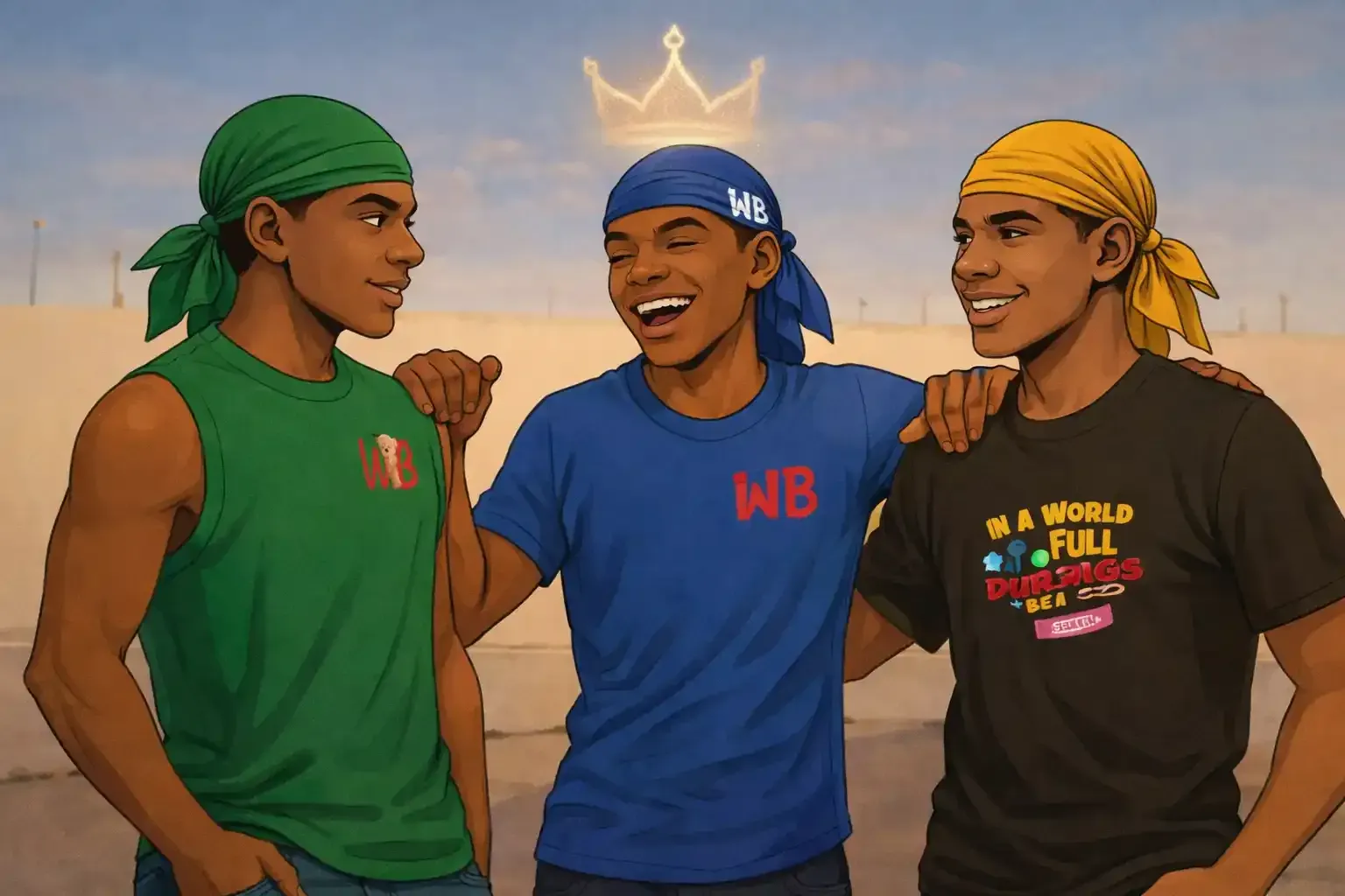 DemWavyBoyz characters standing together representing brotherhood and unity