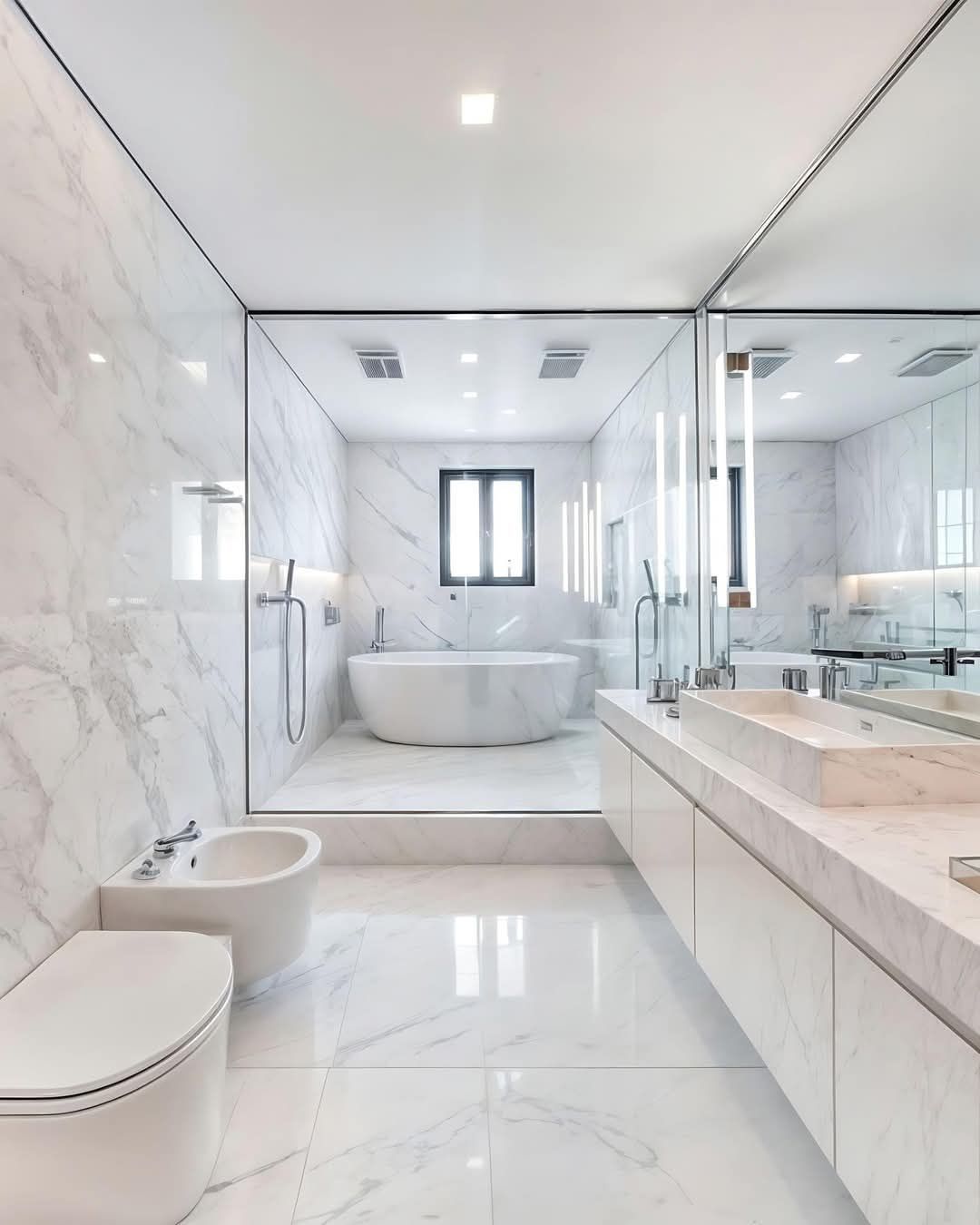 Une salle de bain avec baignoire, WC, lavabo et miroir.