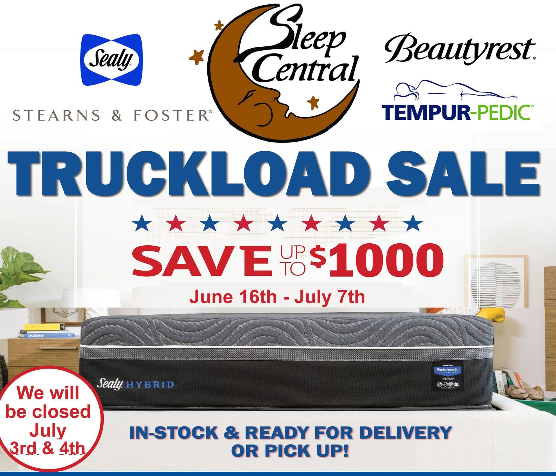 Truckload sale ad for mattresses, save up to $1000, June 16–July 7, with pickup or delivery.