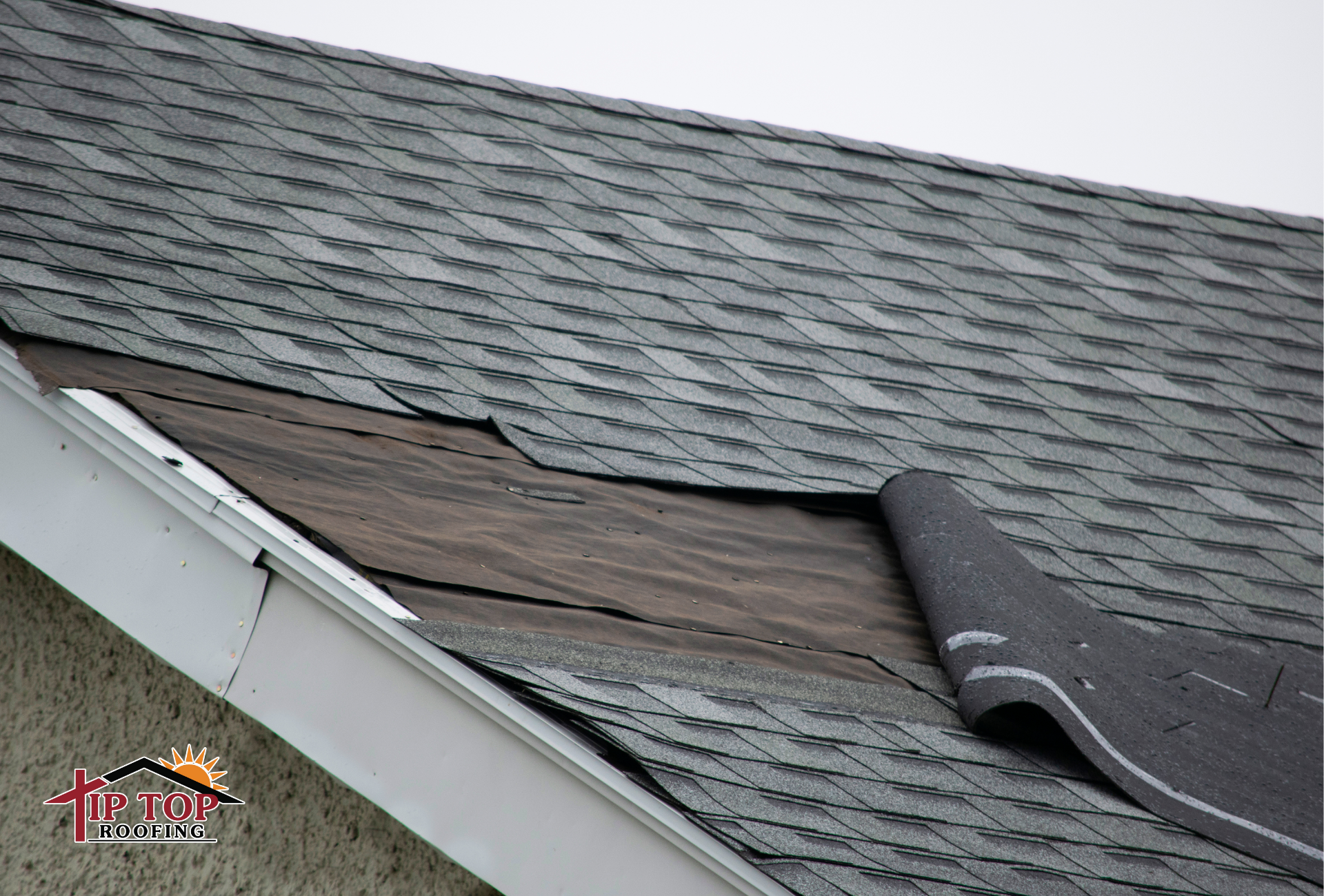 Residential architectural shingle roof showing visible damage and missing shingles.