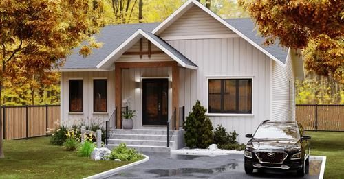 Une voiture est garée devant une petite maison blanche.