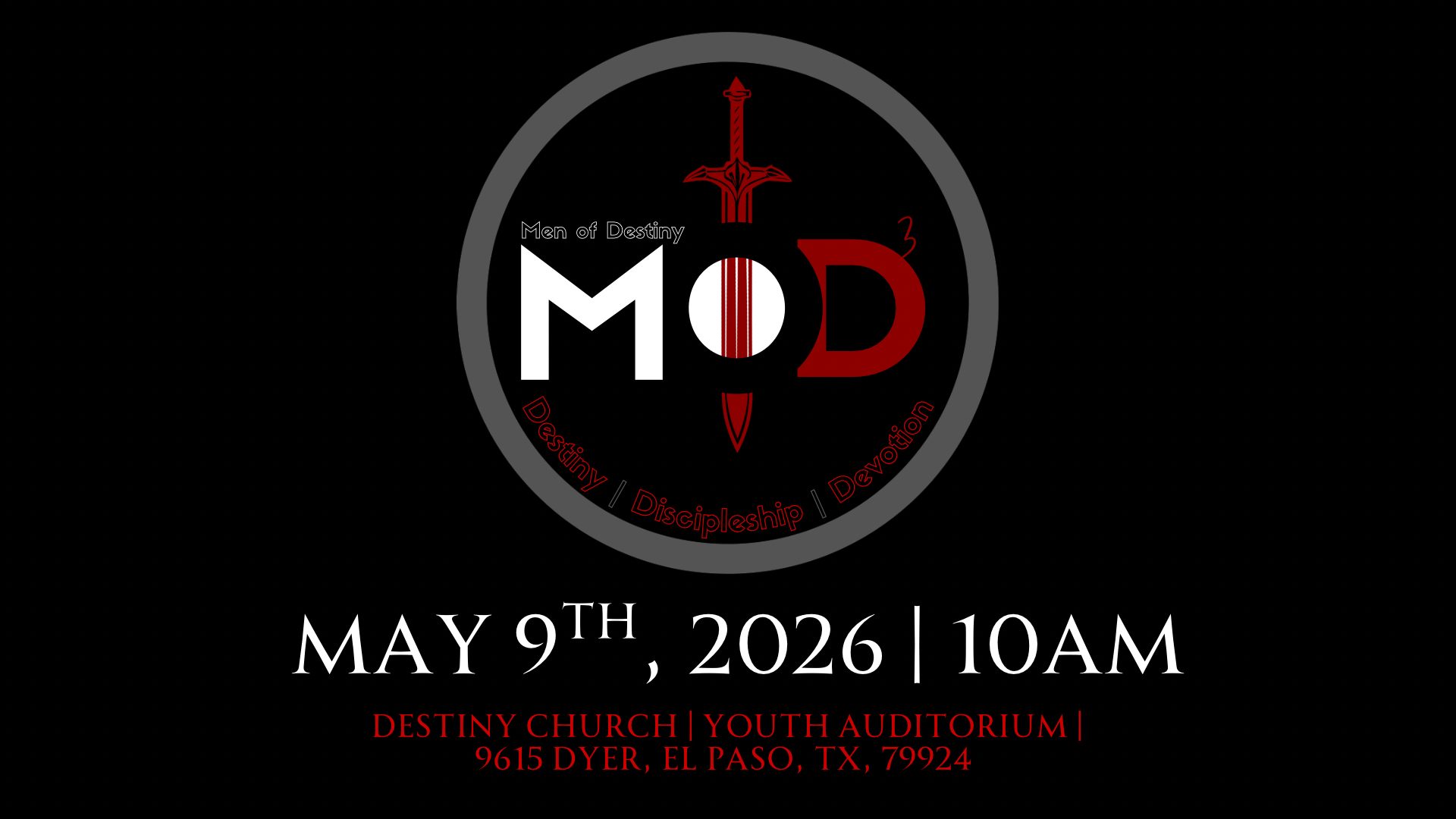 MOD logo with sword, “May 9th, 2026 | 10AM,” and venue text on a black background