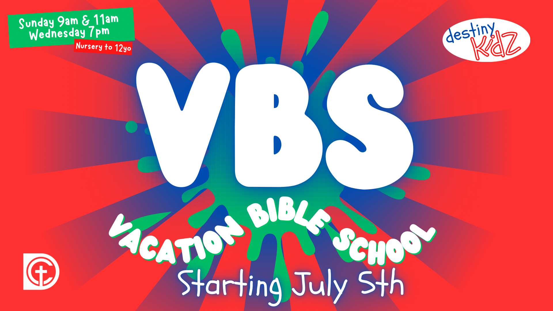 Colorful VBS flyer with bold “VBS” text, “Vacation Bible School,” and “Starting July 5th” on a red sunburst background