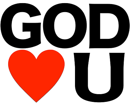 A logo that says god loves you with a red heart