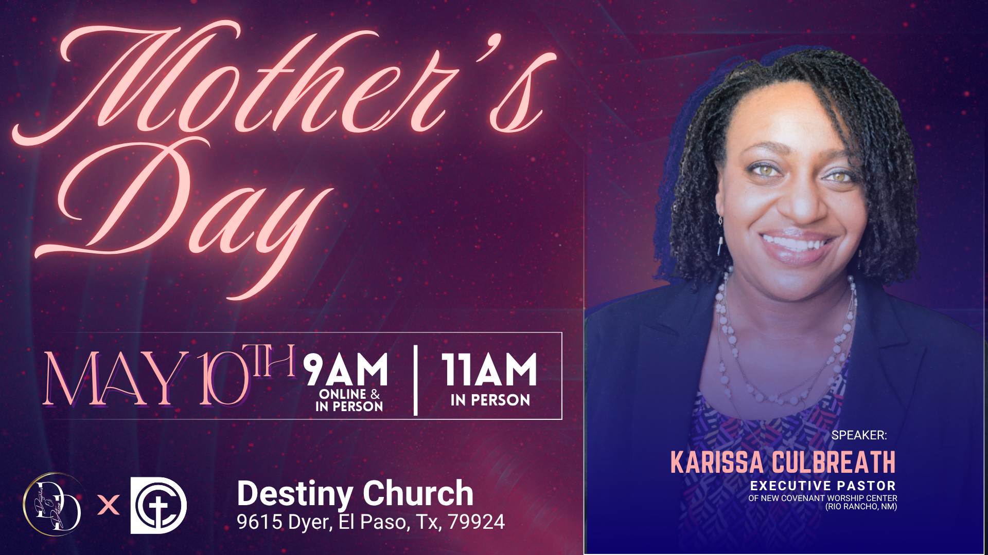 Mother’s Day service announcement with pink text, church details, and a smiling speaker portrait on a purple background