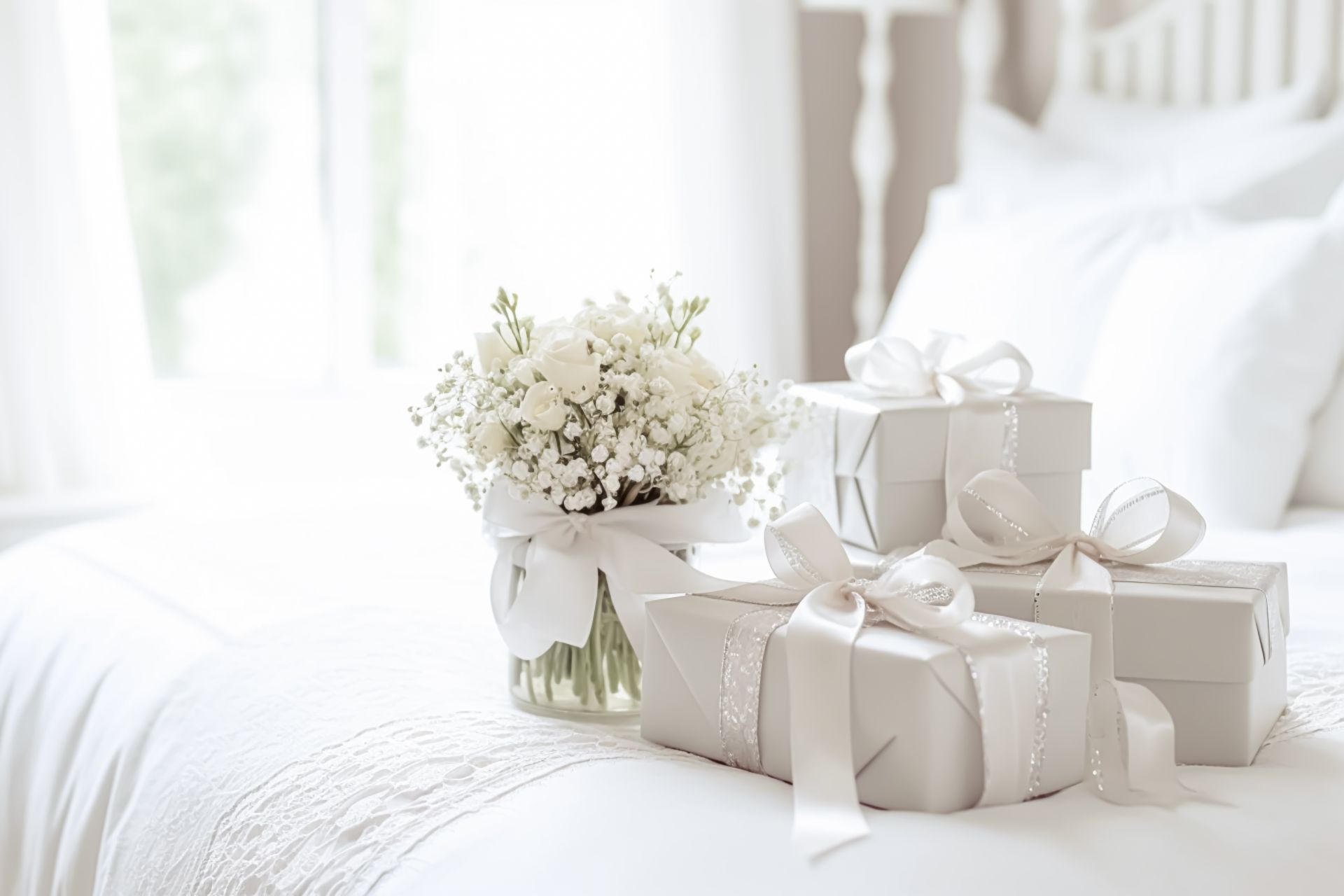 Wrapped presents in gift boxes on a bed next to a vase of roses and baby's breath