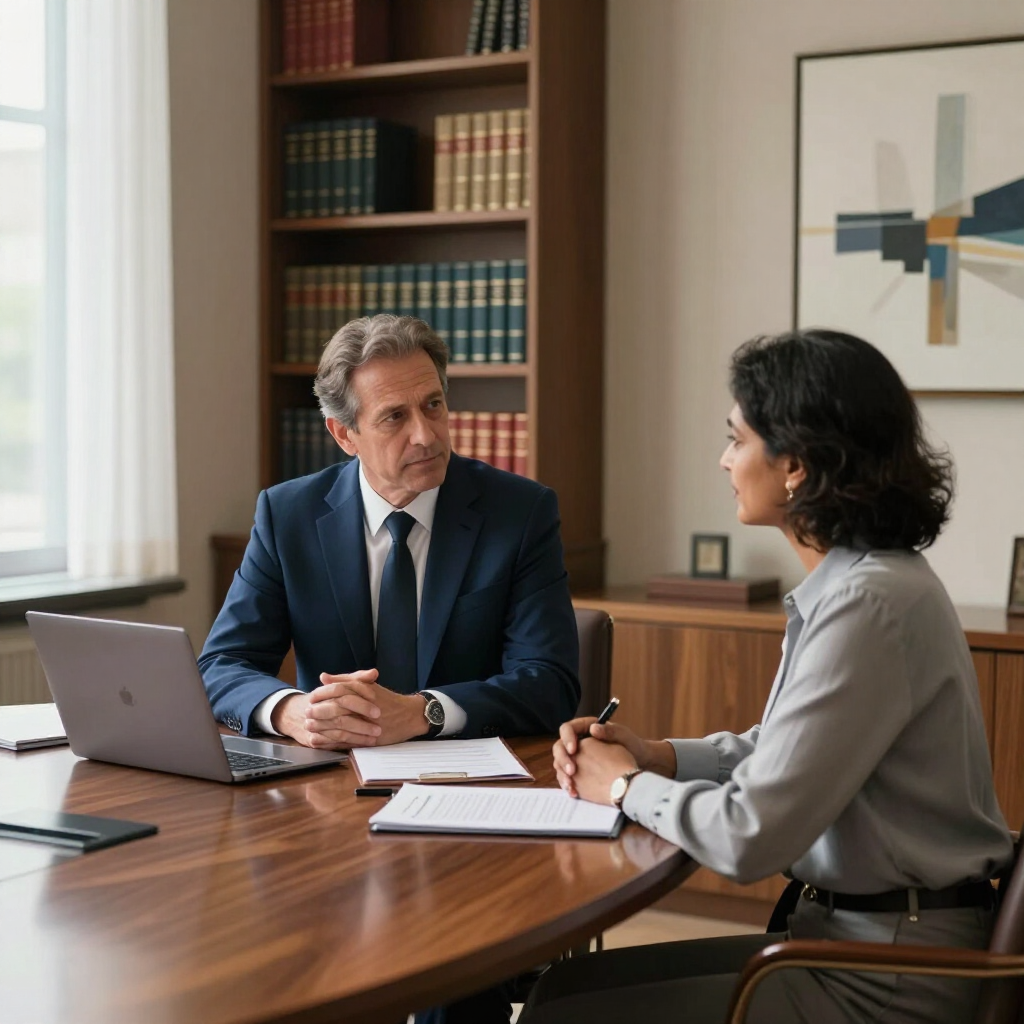Una reunión profesional entre dos personas sentadas en un escritorio de madera en una oficina con estanterías.