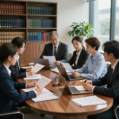 Un equipo de profesionales vestidos de traje se reúne alrededor de una mesa de madera en una biblioteca jurídica para revisar documentos y ordenadores portátiles.