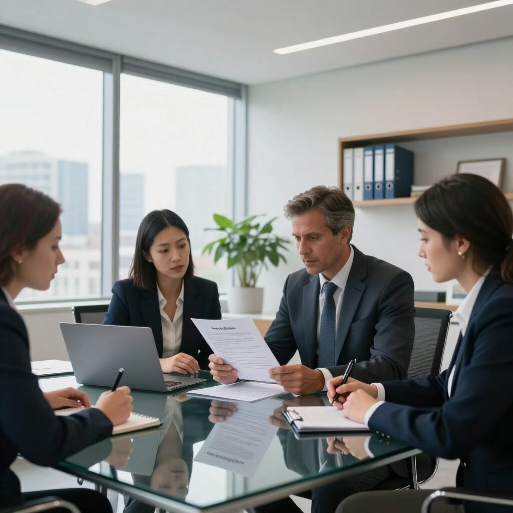 Cuatro profesionales vestidos de traje están sentados alrededor de una mesa de cristal en una oficina luminosa, discutiendo documentos y un ordenador portátil.