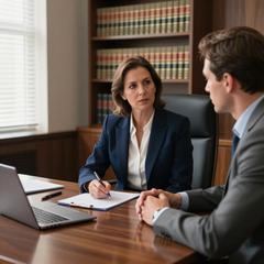 Un abogado está sentado en un escritorio en una oficina, revisando documentos mientras habla con un cliente.