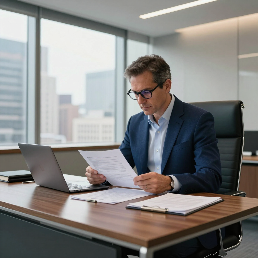 Un profesional vestido de traje y con gafas está sentado en un escritorio en una oficina luminosa, revisando documentos junto a un ordenador portátil.