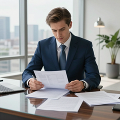 Un profesional vestido de traje revisa documentos en un escritorio en una oficina moderna y luminosa con vistas a la ciudad.