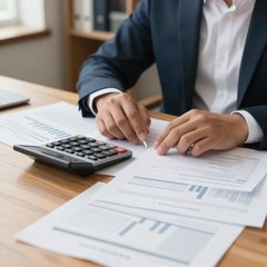 Una persona vestida con traje de negocios trabaja en un escritorio, revisando documentos financieros y utilizando una calculadora.