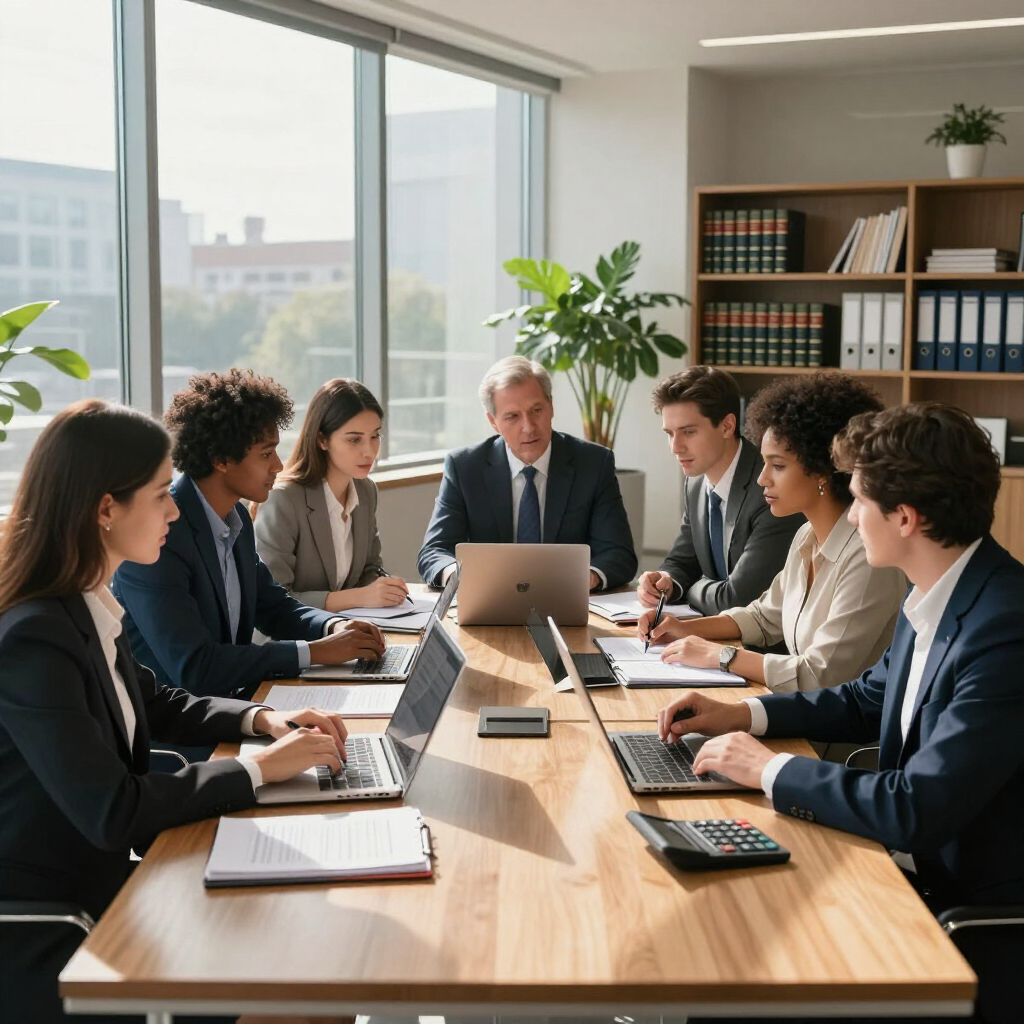 Un grupo de profesionales vestidos de traje sentados alrededor de una larga mesa de madera en una oficina luminosa, trabajando en sus ordenadores portátiles.