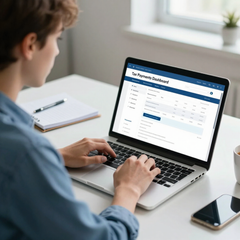 Una persona está sentada en un escritorio, escribiendo en una computadora portátil que muestra una página web con una tabla, junto a una libreta y un teléfono inteligente.