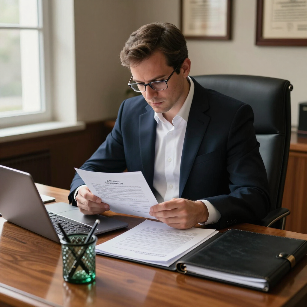 Un profesional, sentado en un escritorio, revisa un documento en una oficina bien iluminada, con un ordenador portátil y archivos a su alcance.