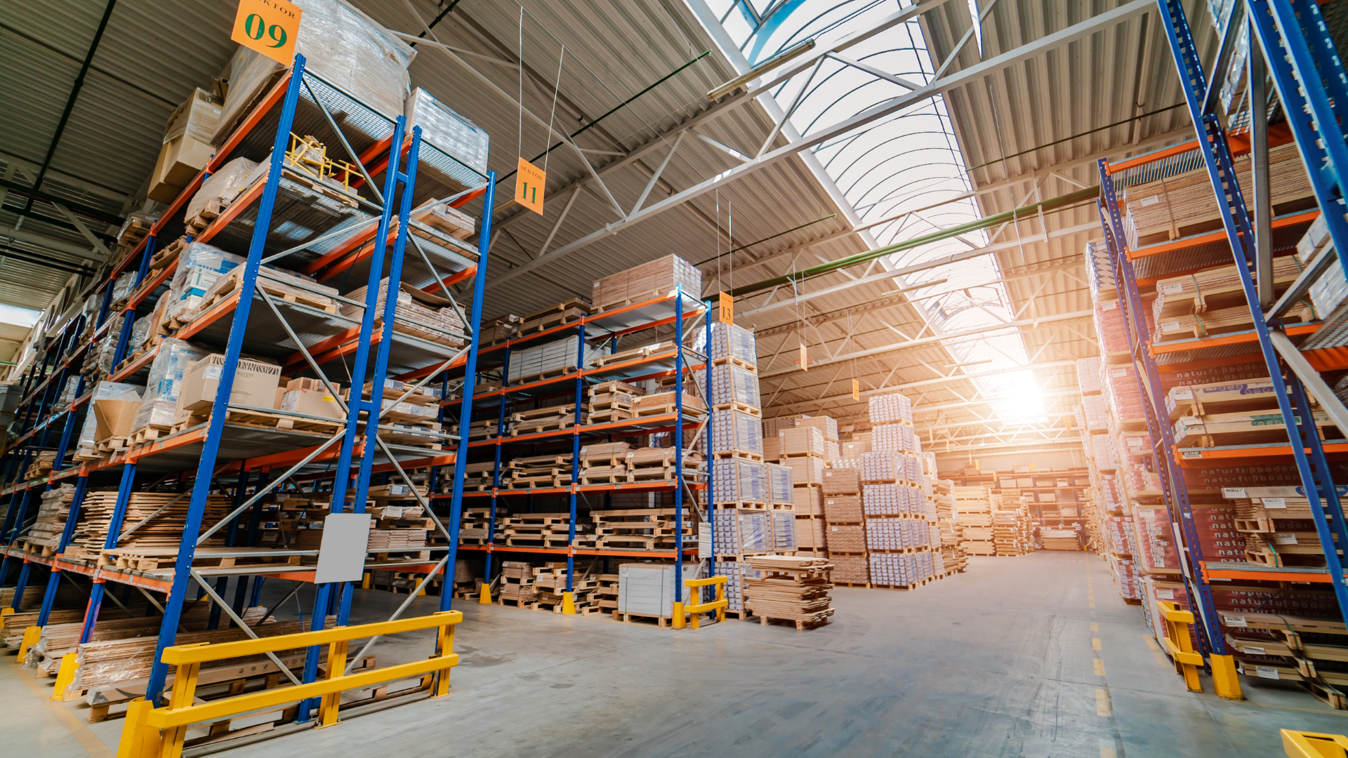 Warehouse interior with tall shelves filled with packaged goods, bright sunlight.
