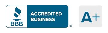 A blue and white badge that says accredited business a+