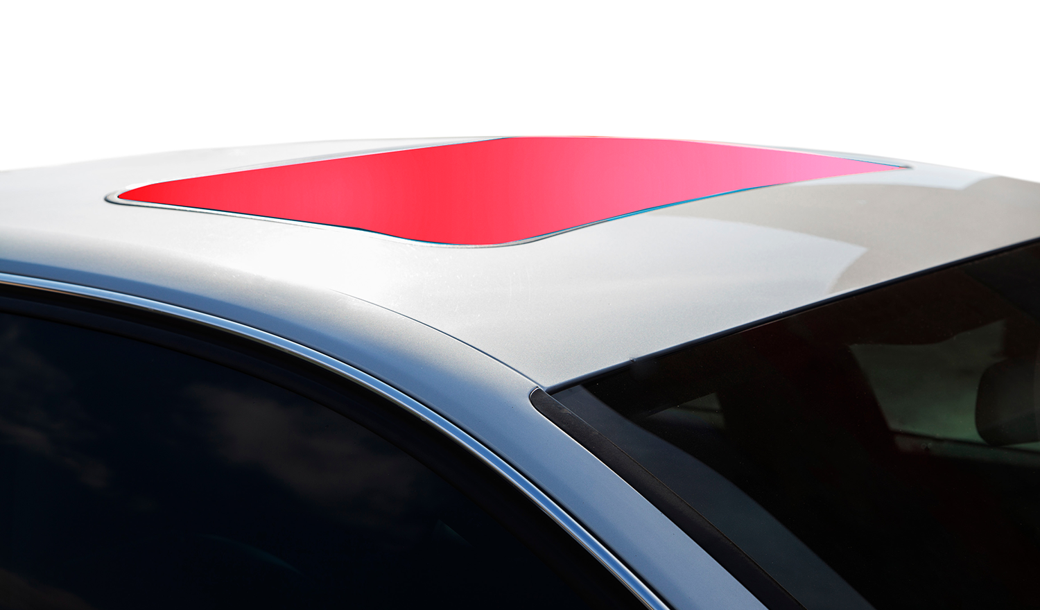 A white car with a blue skylight on the roof