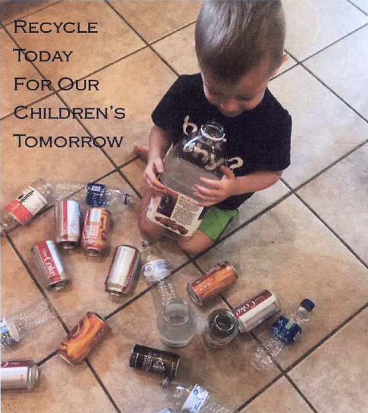 A young boy is kneeling on the floor surrounded by cans and bottles with the words recycle today for our childrens tomorrow