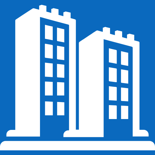 A white icon of two tall buildings on a blue background