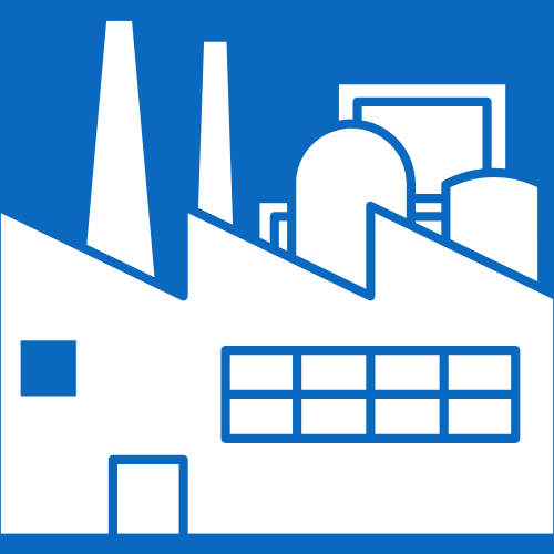 An icon of a factory with a blue sky in the background.
