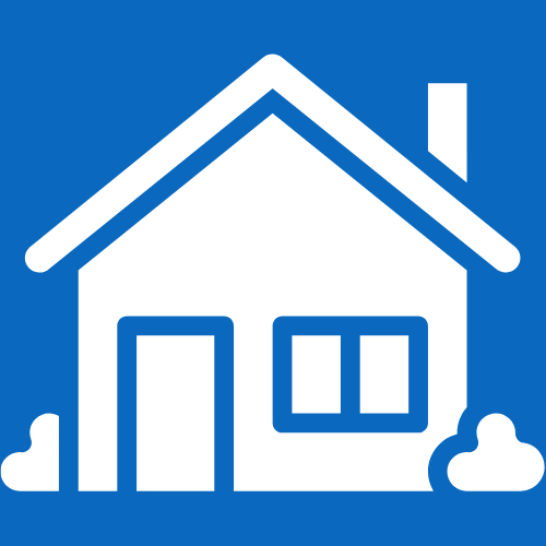 A white house with a blue roof and a chimney on a blue background