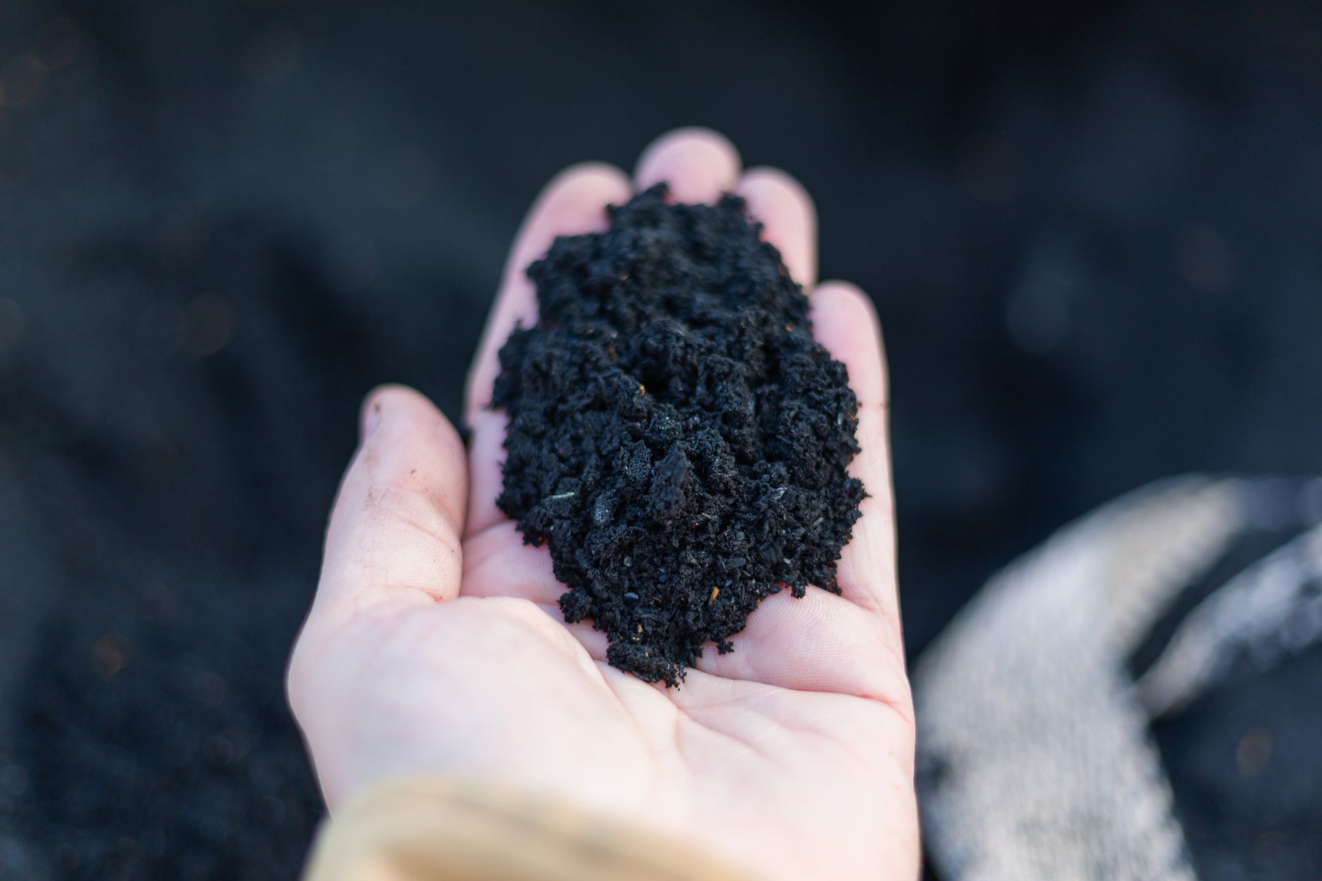 A person is holding a pile of black dirt in their hand.