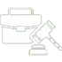 Line art of a judge’s gavel and block beside a courthouse building icon