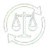 Circular arrows around a scales-of-justice icon in light gray line art.