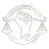 White legal emblem with a profile, handshake, and scales of justice inside a circular border.