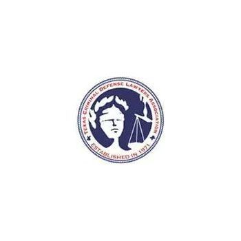 Circular navy-and-white legal defense logo with a statue head, scales, and surrounding text