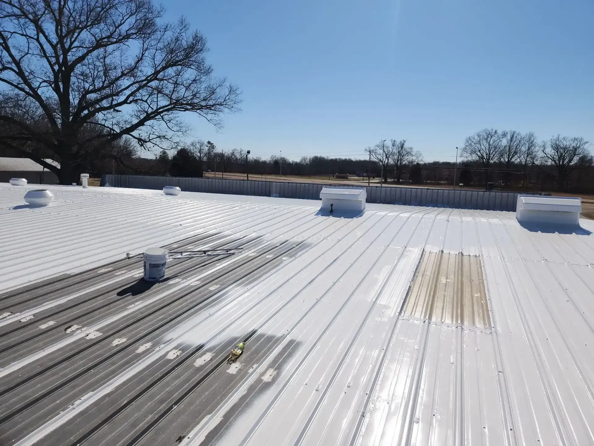 A white roof with a tree in the background