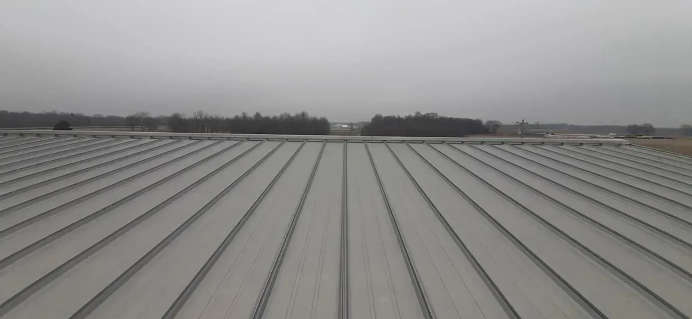 The roof of a building with a gray roof and a gray sky in the background.