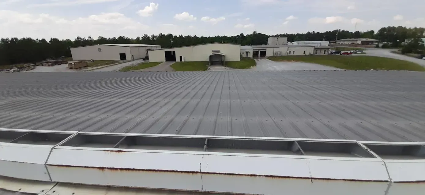 The roof of a large building with a lot of trees in the background.