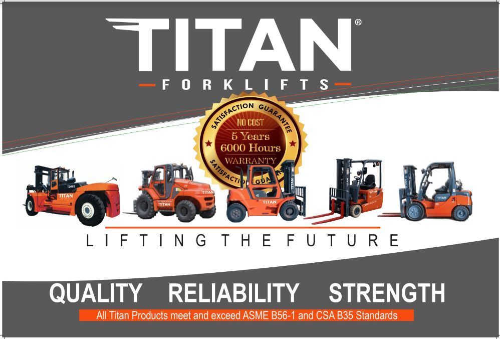 Titan Forklifts advertisement featuring multiple forklifts, with a guarantee badge and text 