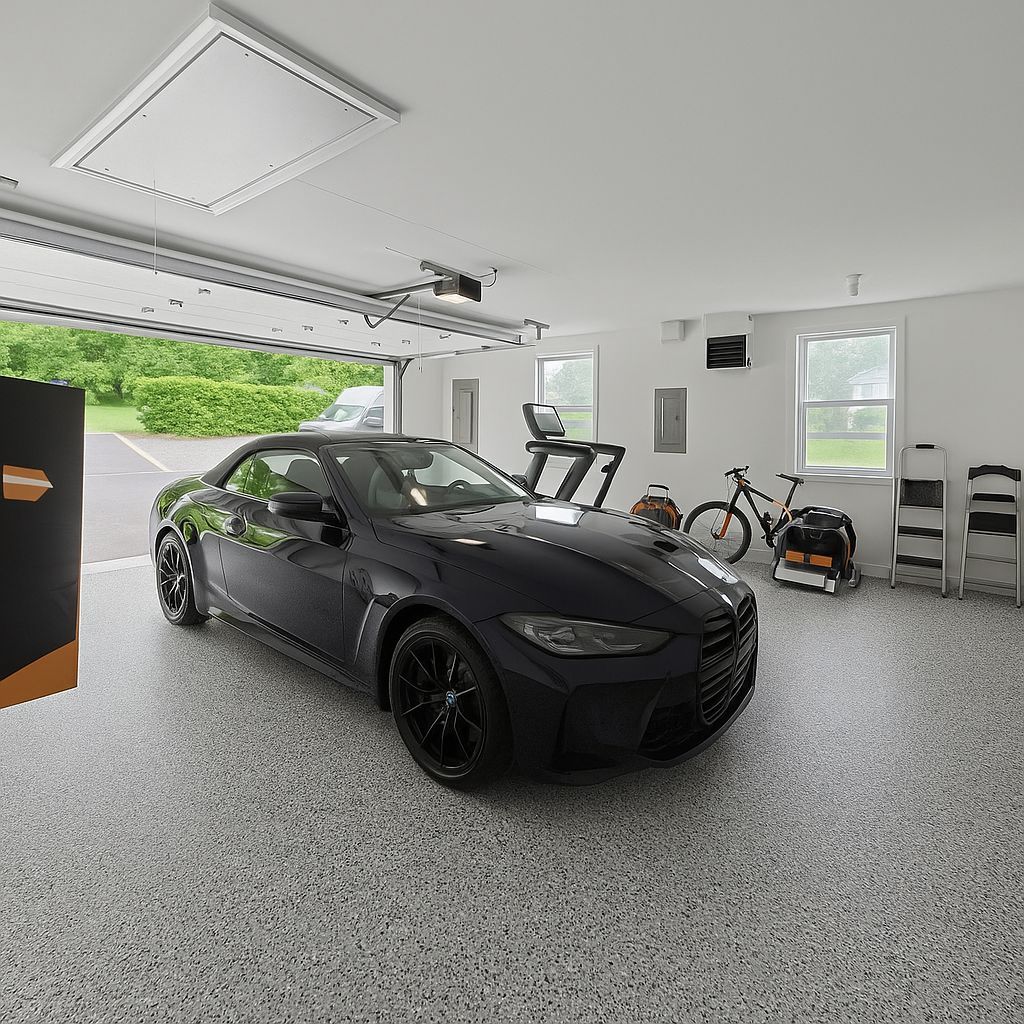 Dark blue car in a garage with exercise equipment and open garage door to a green yard.