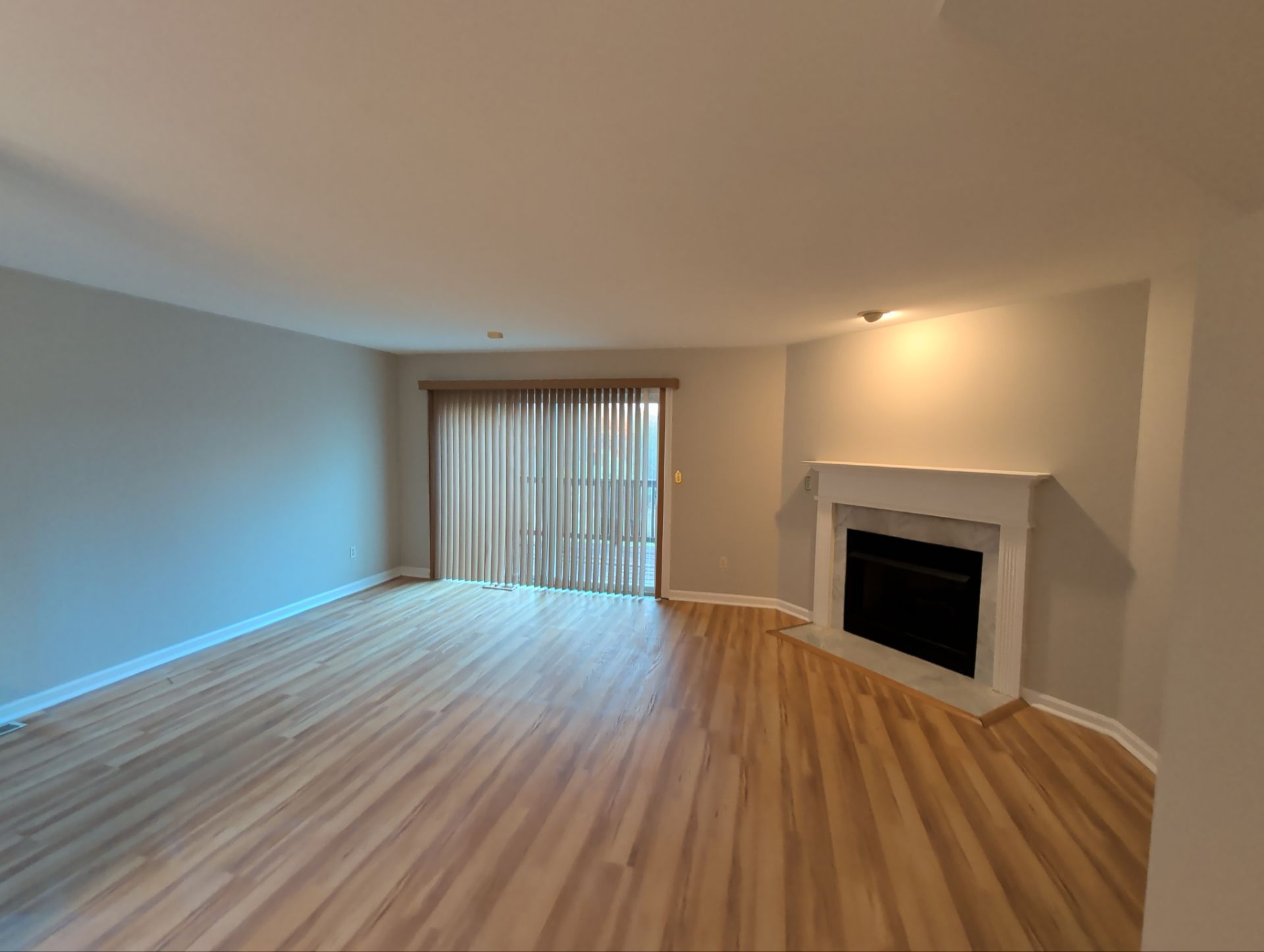 Empty living room with wood flooring, fireplace, and sliding glass door.
