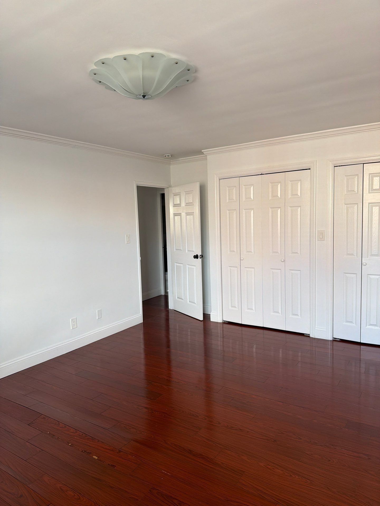 Empty room with dark wood floors, white walls, crown molding, two closets, and a closed door.