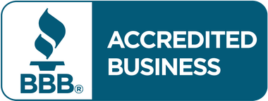 BBB Accredited Business logo. White text on blue background. Torch graphic.