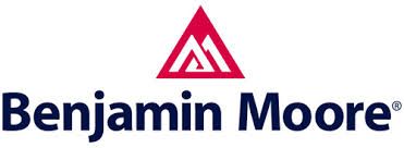 Benjamin Moore logo: dark blue text, red triangle emblem with white outline.