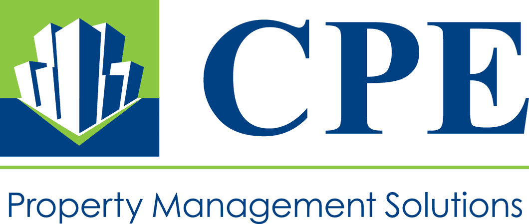 Logo for CPE Property Management Solutions; green, blue, and white with buildings icon and text.