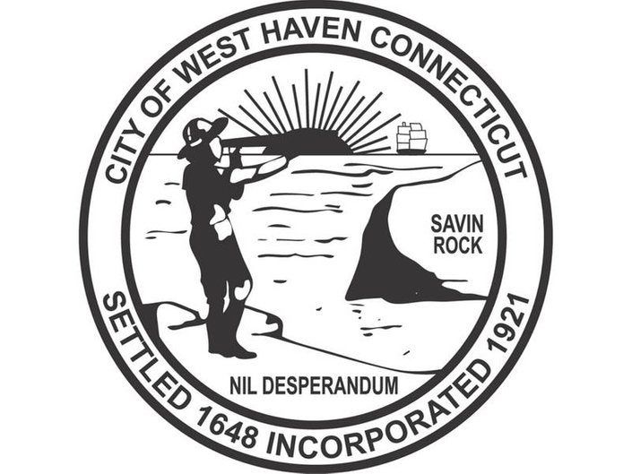 West Haven, CT seal: A man with a telescope on Savin Rock, a rising sun, and a ship on the water.