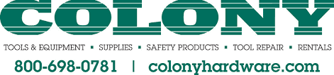 Colony Hardware logo with the business name in teal letters with tagline and contact information below.